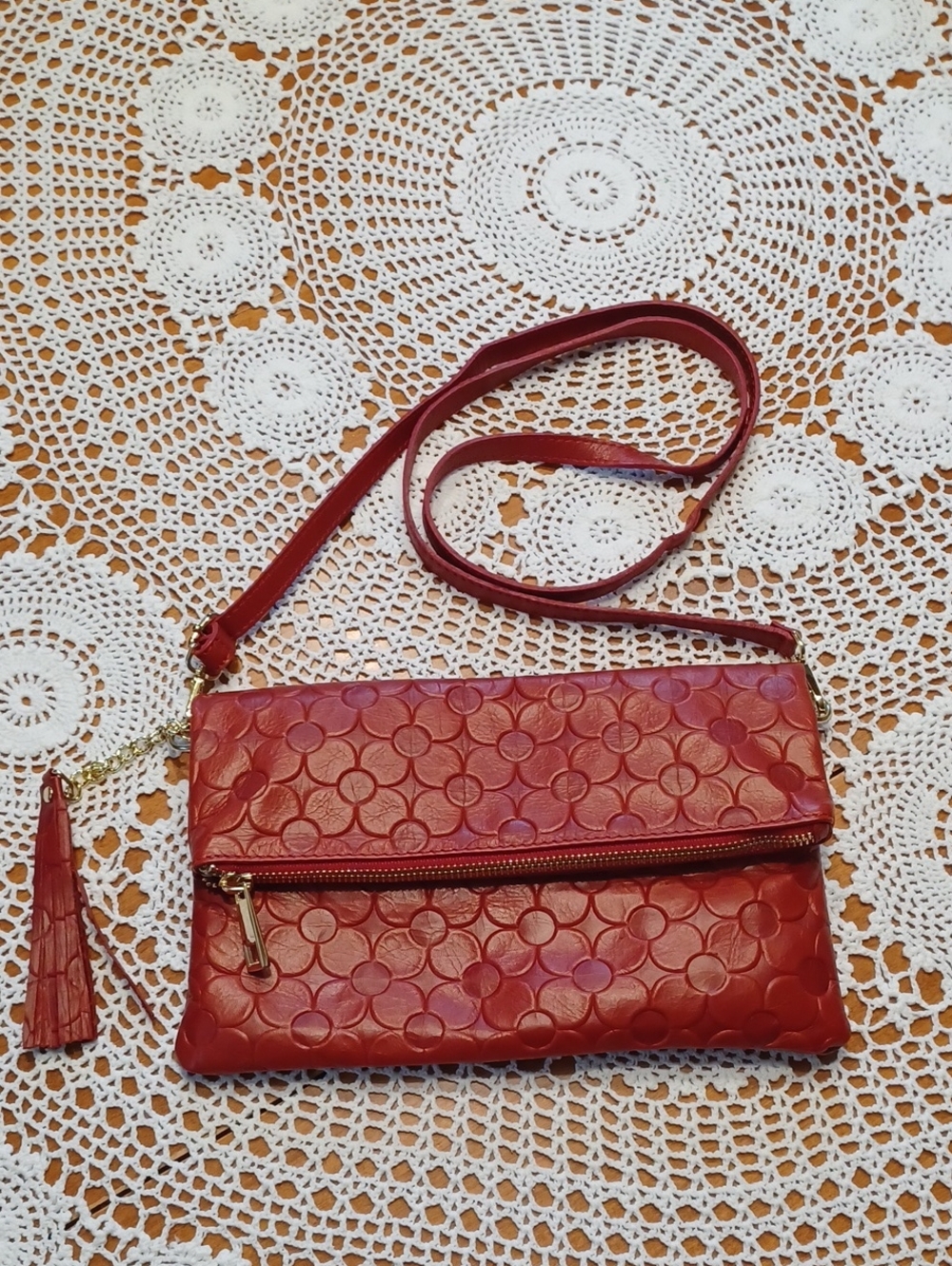 Lara DiMaggio Red Embossed Leather Crossbody Clutch